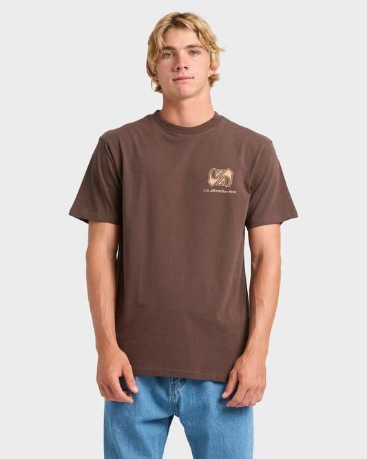 Image of a model wearing Tops. Productname: Quiksilver Mens Mirror Flare T-Shirt Chocolate Brown - in Chocolate Brown colour by brand - Quiksilver