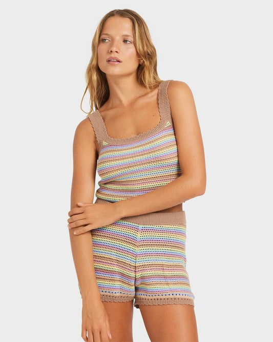 Image of a model wearing Tops. Product name - Roxy Womens Milly Tank Top Rainbow in Rainbow colour by brand - Roxy