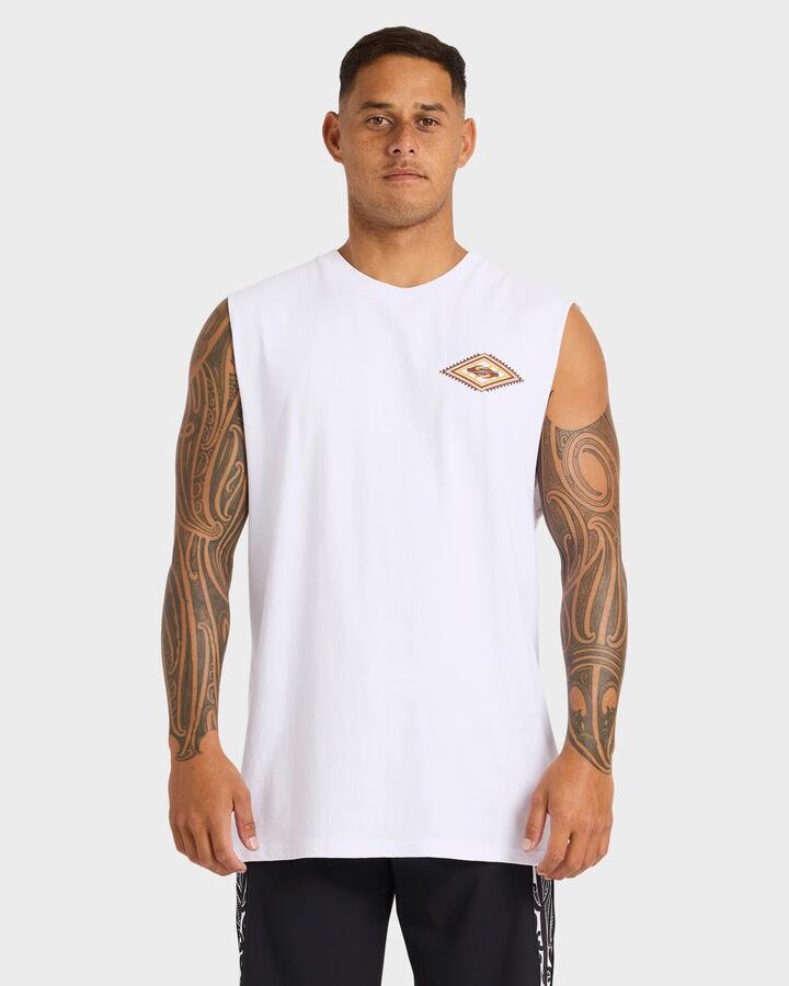 Image of a model wearing Tops. Product name - Quiksilver Mens Patiki Muscle White in White colour by brand - Quiksilver