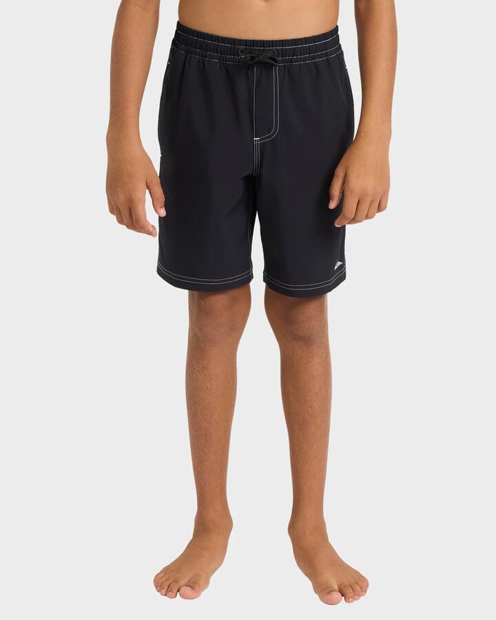 Image of a model wearing Shorts. Product name - Quiksilver Boys 8-16 Kehu Pu-Tawhiro Swim Shorts Black in Black colour by brand - Quiksilver