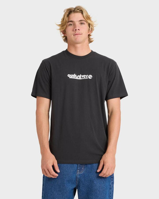 Image of a model wearing Tops. Productname: Quiksilver Mens Quik Throwback T-Shirt Tarmac - in Tarmac colour by brand - Quiksilver