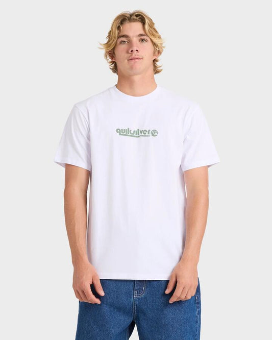 Image of a model wearing Tops. Productname: Quiksilver Mens Quik Throwback T-Shirt White - in White colour by brand - Quiksilver