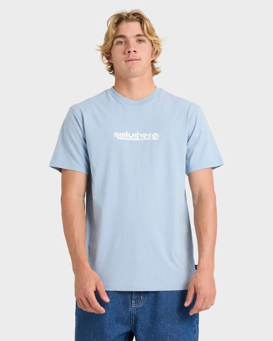 Image of a model wearing Tops. Productname: Quiksilver Mens Quik Throwback T-Shirt Ashley Blue - in Ashley Blue colour by brand - Quiksilver