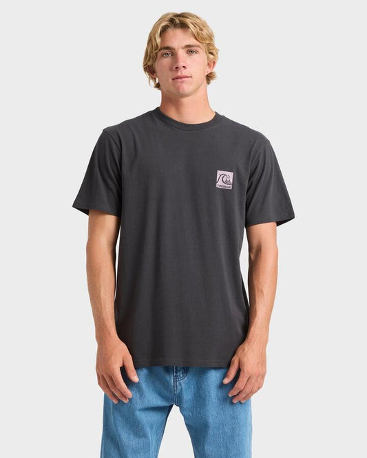 Image of a model wearing Tops. Productname: Quiksilver Mens Og Box Logo T-Shirt Tarmac - in Tarmac colour by brand - Quiksilver