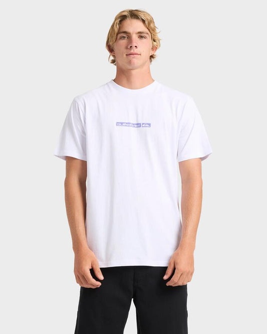 Image of a model wearing Tops. Productname: Quiksilver Mens Omni Scroll T-Shirt White - in White colour by brand - Quiksilver