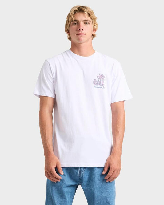 Image of a model wearing Tops. Productname: Quiksilver Mens Palm Relax T-Shirt White - in White colour by brand - Quiksilver