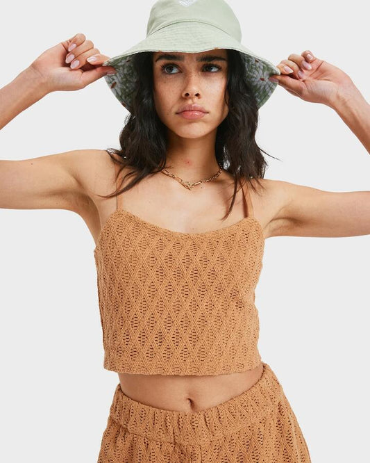 Image of a model wearing Tops. Productname: Roxy Womens Ocean Sounds Tank Top Almond - in Almond colour by brand - Roxy