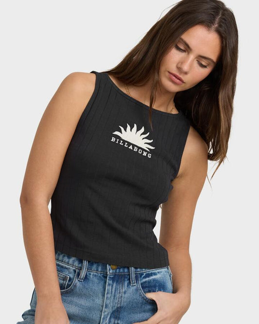 Image of a model wearing Tops. Productname: Billabong Womens Rae Knit Tank Top Black Sands - in Black Sands colour by brand - Billabong