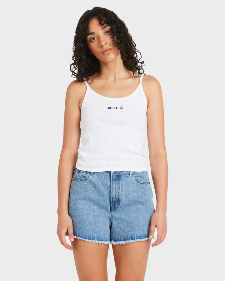 Image of a model wearing Tops. Product name - RVCA Womens Pointele Tank Top White in White colour by brand - RVCA