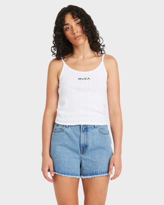 Image of a model wearing Tops. Product name - RVCA Womens Pointele Tank Top White in White colour by brand - RVCA