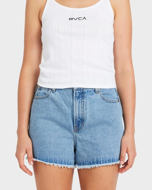 Image of a model wearing Shorts. Productname: RVCA Womens Pacific Denim Shorts Washed Blue - in Washed Blue colour by brand - RVCA