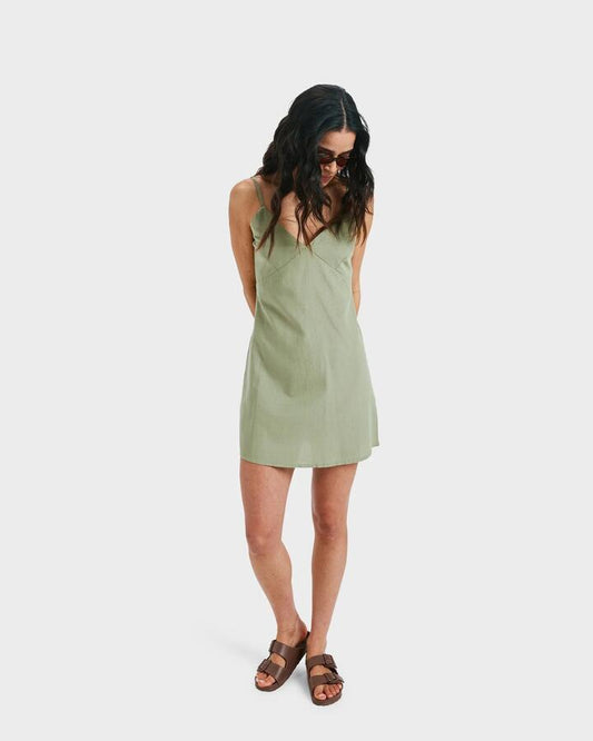 Image of Dresses. Productname: Roxy Womens Santorini Slip Mini Dress Oil Green - in Oil Green colour by brand - Roxy