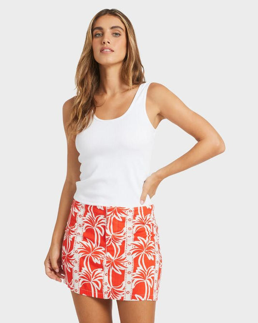 Image of a model wearing Skirts. Productname: Billabong Womens Row Of Palms Mini Skirt Red Aloha - in Red Aloha colour by brand - Billabong