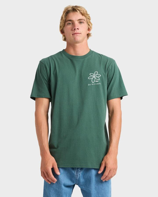 Image of a model wearing Tops. Productname: Quiksilver Mens Quik Peace T-Shirt Trekking Green - in Trekking Green colour by brand - Quiksilver
