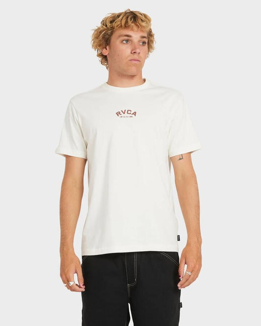 Image of a model wearing Tops. Productname: RVCA Mens Sky Cat T-Shirt Antique White - in Antique White colour by brand - RVCA