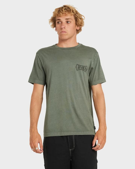 Image of a model wearing Tops. Productname: RVCA Mens Meric T-Shirt Sage Leaf - in Sage Leaf colour by brand - RVCA
