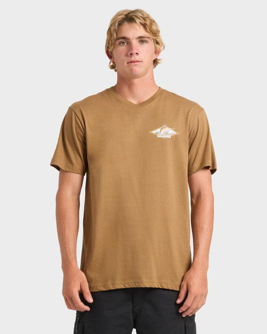 Image of a model wearing Tops. Productname: Quiksilver Mens Rough Seas T-Shirt Tobacco Brown - in Tobacco Brown colour by brand - Quiksilver