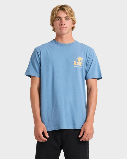 Image of a model wearing Tops. Productname: Quiksilver Mens Palm Relax T-Shirt Coronet Blue - in Coronet Blue colour by brand - Quiksilver