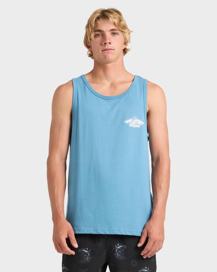 Image of a model wearing Tops. Product name - Quiksilver Mens Rough Seas Tank Top Airforce Blue in Airforce Blue colour by brand - Quiksilver
