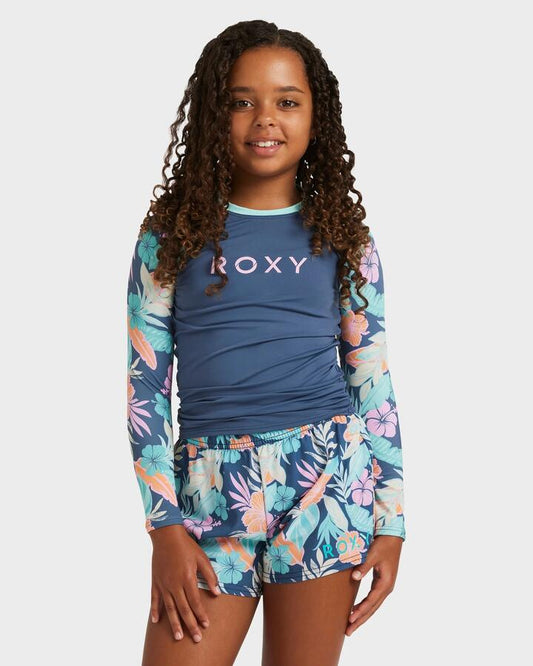 Image of Swimwear. Product name - Roxy Girls 8-16 Active Boardshorts Vintage Indigo Tropical Advent in Vintage Indigo Tropical Advent colour by brand - Roxy