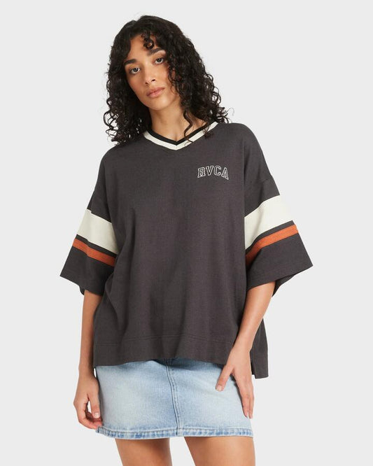 Image of a model wearing Tops. Productname: RVCA Womens Rory Oversized T-Shirt Washed Black - in Washed Black colour by brand - RVCA