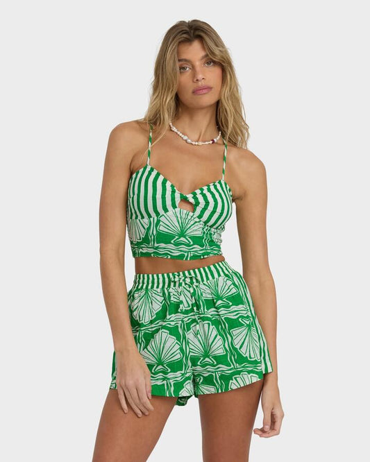 Image of a model wearing Shorts. Productname: Billabong Womens Sea Shell Elastic Waist Shorts Kelly Green - in Kelly Green colour by brand - Billabong