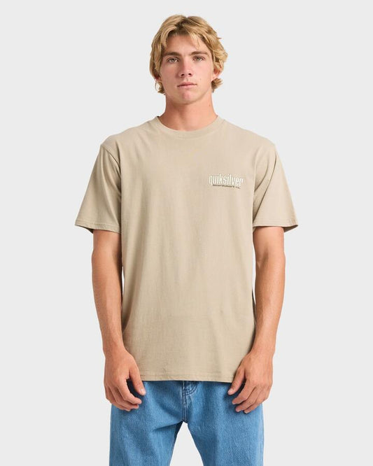 Image of a model wearing Tops. Productname: Quiksilver Mens Shallow Bank T-Shirt Seneca Rock - in Seneca Rock colour by brand - Quiksilver
