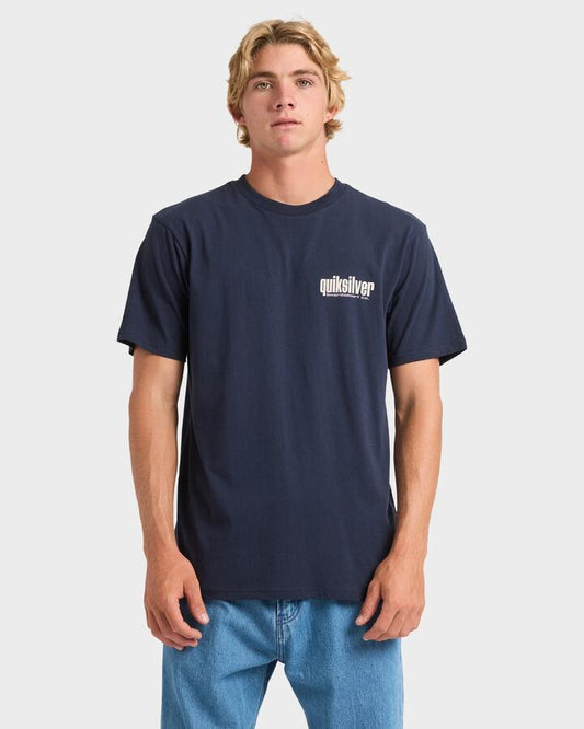 Image of a model wearing Tops. Productname: Quiksilver Mens Shallow Bank T-Shirt Dark Navy - in Dark Navy colour by brand - Quiksilver