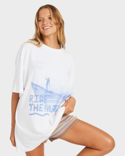 Image of a model wearing Tops. Productname: Roxy Womens Ride The Wave T-Shirt White - in White colour by brand - Roxy
