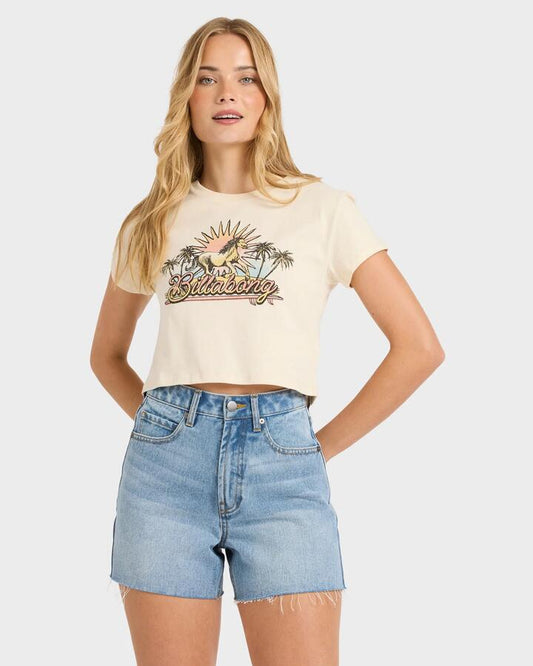 Image of a model wearing Tops. Productname: Billabong Womens Seaside Session T-Shirt Whitecap - in Whitecap colour by brand - Billabong