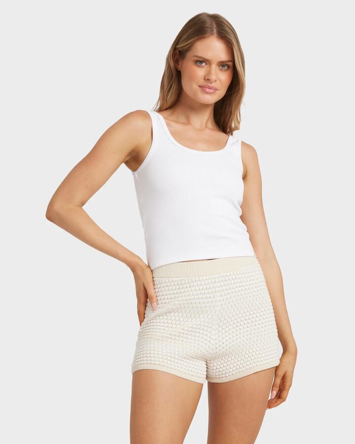 Image of a model wearing Shorts. Productname: Billabong Womens Sun Bubble Striped Elastic Waist Shorts Whitecap - in Whitecap colour by brand - Billabong
