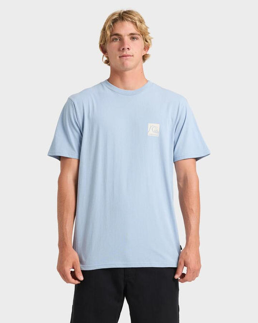 Image of a model wearing Tops. Productname: Quiksilver Mens Og Box Logo T-Shirt Ashley Blue - in Ashley Blue colour by brand - Quiksilver