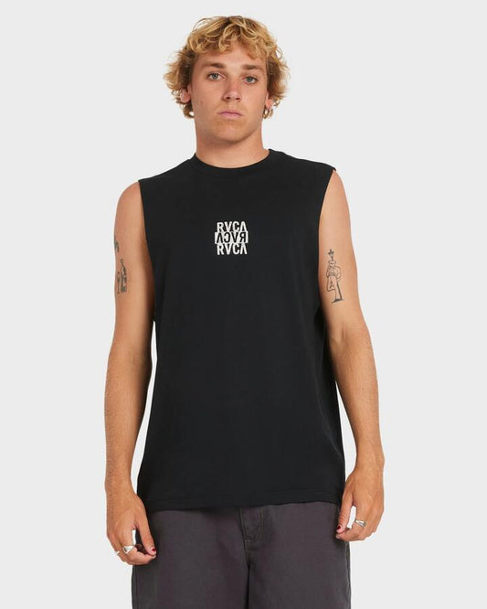 Image of a model wearing Tops. Productname: RVCA Mens Staxed Muscle Black - in Black colour by brand - RVCA