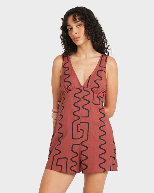 Image of a model wearing Outerwear. Productname: RVCA Womens Sunnie Jumper Cover Up Romper Mahogany - in Mahogany colour by brand - RVCA