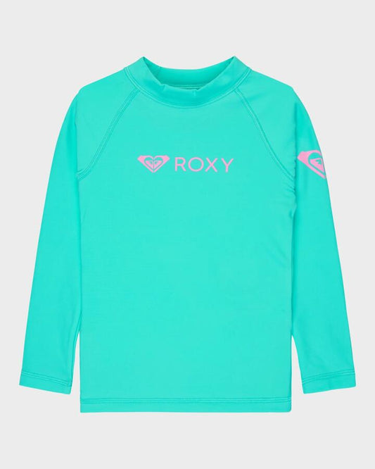 Image of a model wearing Tops. Productname: Roxy Girls 2-7 Heater Long Sleeve Rash Vest Polynya - in Polynya colour by brand - Roxy