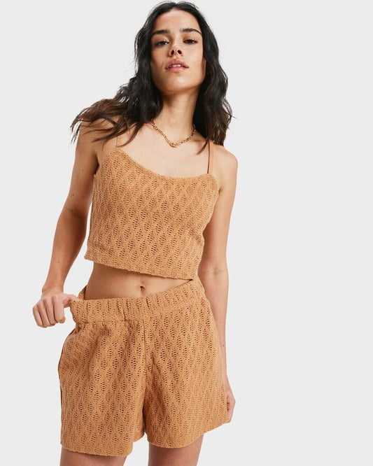 Image of a model wearing Shorts. Productname: Roxy Womens Ocean Sound Elastic Waist Shorts Almond - in Almond colour by brand - Roxy