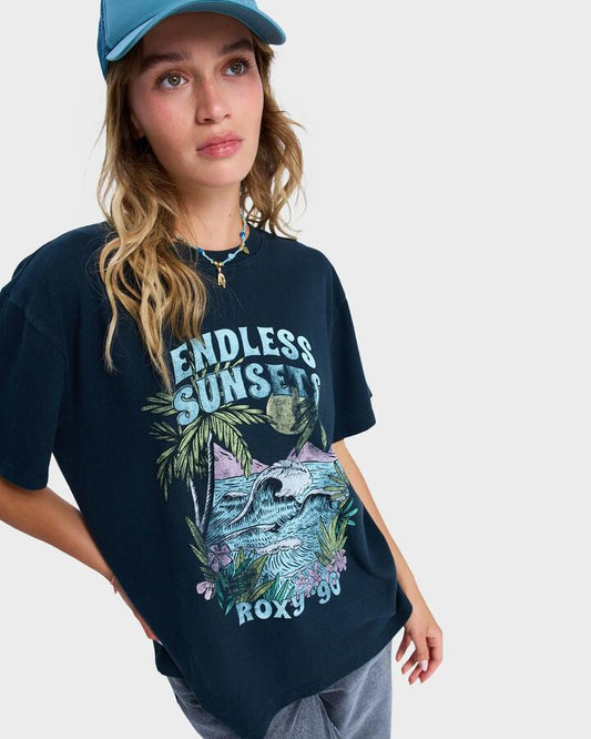 Image of a model wearing Tops. Productname: Roxy Womens Sunnyoversize T-Shirt Anthracite - in Anthracite colour by brand - Roxy