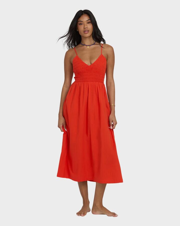 Image of Dresses. Product name - Billabong Womens Such A Trip Midi Dress Red Aloha in Red Aloha colour by brand - Billabong