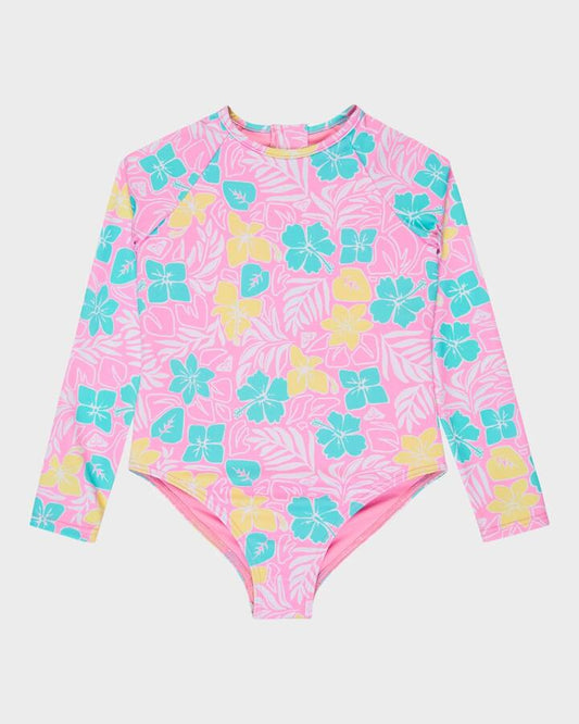 Image of Coats & Jackets. Product name - Roxy Girls 2-7 Tropical Square One Piece Rash Vest Bonbon Hibiscus Jam in Bonbon Hibiscus Jam colour by brand - Roxy