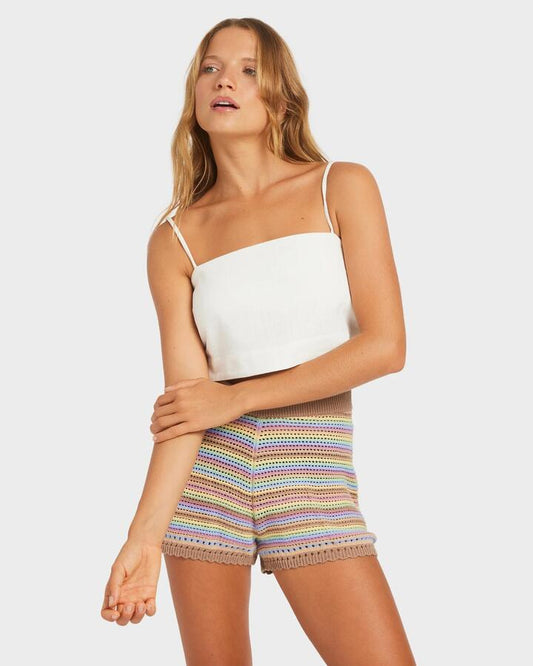 Image of a model wearing Shorts. Productname: Roxy Womens Milly Elastic Waist Shorts Rainbow - in Rainbow colour by brand - Roxy