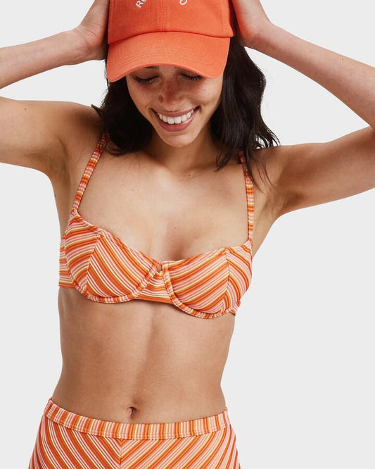 Image of a model wearing Tops. Productname: Roxy - Womens Moana Bralette Bikini Top - Tigerlily - in Tigerlily colour by brand - Roxy