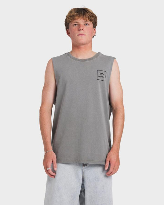 Image of a model wearing Tops. Productname: RVCA - Mens Va All The Ways Muscle Shirts - Sage Leaf - in Sage Leaf colour by brand - RVCA