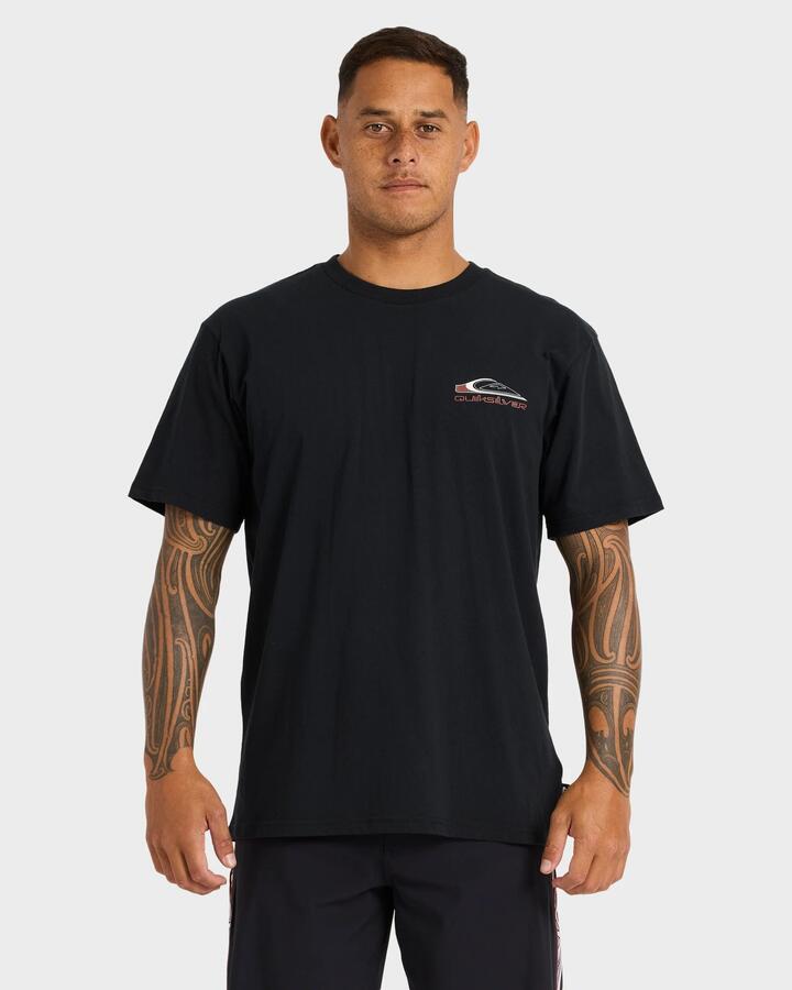 Image of a model wearing Tops. Productname: Quiksilver Mens Tohu T-Shirt Black - in Black colour by brand - Quiksilver