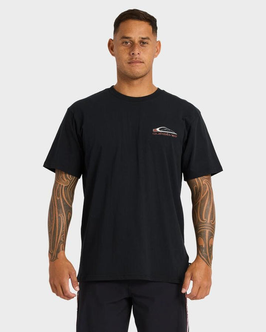 Image of a model wearing Tops. Productname: Quiksilver Mens Tohu T-Shirt Black - in Black colour by brand - Quiksilver