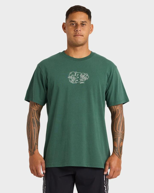 Image of a model wearing Tops. Productname: Quiksilver Mens Tiki T-Shirt Jungle Green - in Jungle Green colour by brand - Quiksilver
