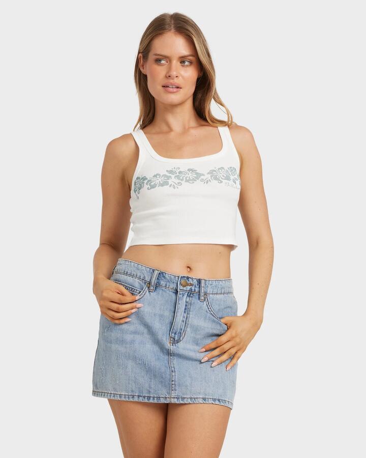 Image of a model wearing Tops. Productname: Billabong - Womens Tropical Mixer Tank - Salt Crystal - in Salt Crystal colour by brand - Billabong