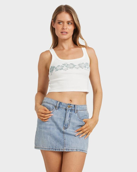 Image of a model wearing Tops. Productname: Billabong - Womens Tropical Mixer Tank - Salt Crystal - in Salt Crystal colour by brand - Billabong