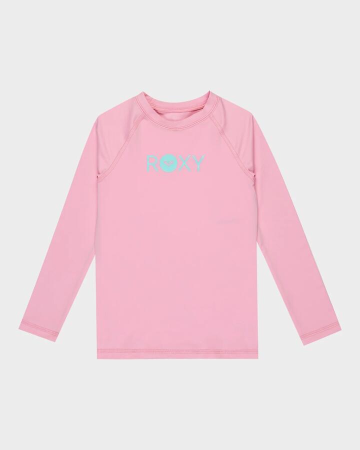 Image of a model wearing Tops. Product name - Roxy Girls 2-7 Essential Long Sleeve Rash Vest Bonbon in Bonbon colour by brand - Roxy
