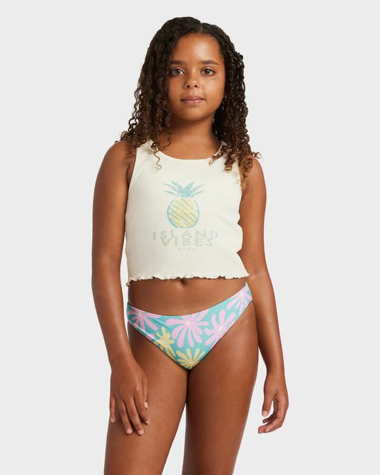 Image of a model wearing Tops. Product name - Roxy Girls 8-16 Smile Journey Tank Top Egret in Egret colour by brand - Roxy