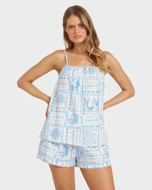 Image of a model wearing Tops. Product name - Billabong Womens Sunrise Sands Cami Top Salt Crystal in Salt Crystal colour by brand - Billabong